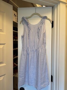 J Crew Blue and White Striped Sleeveless Ruffle Sundress in linen/ cotton